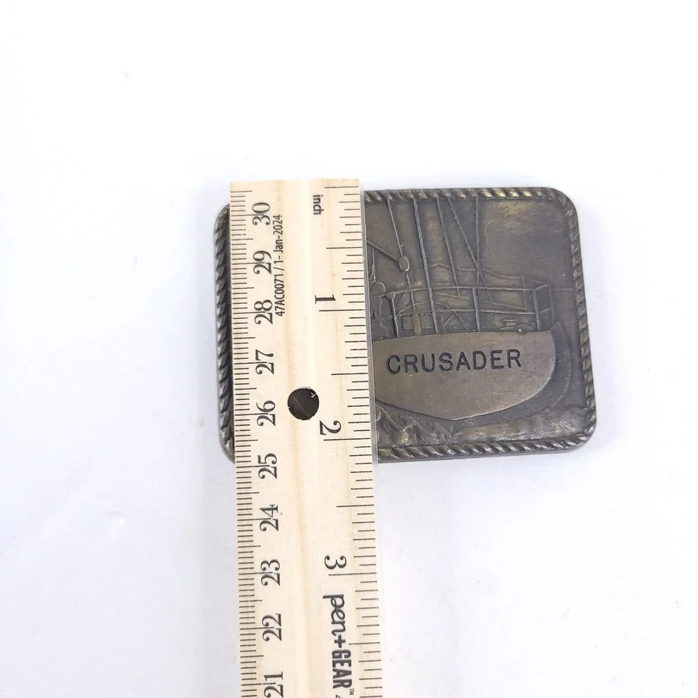 Vintage Crusader Great Lakes Fishing Vessel Bronze Belt Buckle 3x2 inches 1980s